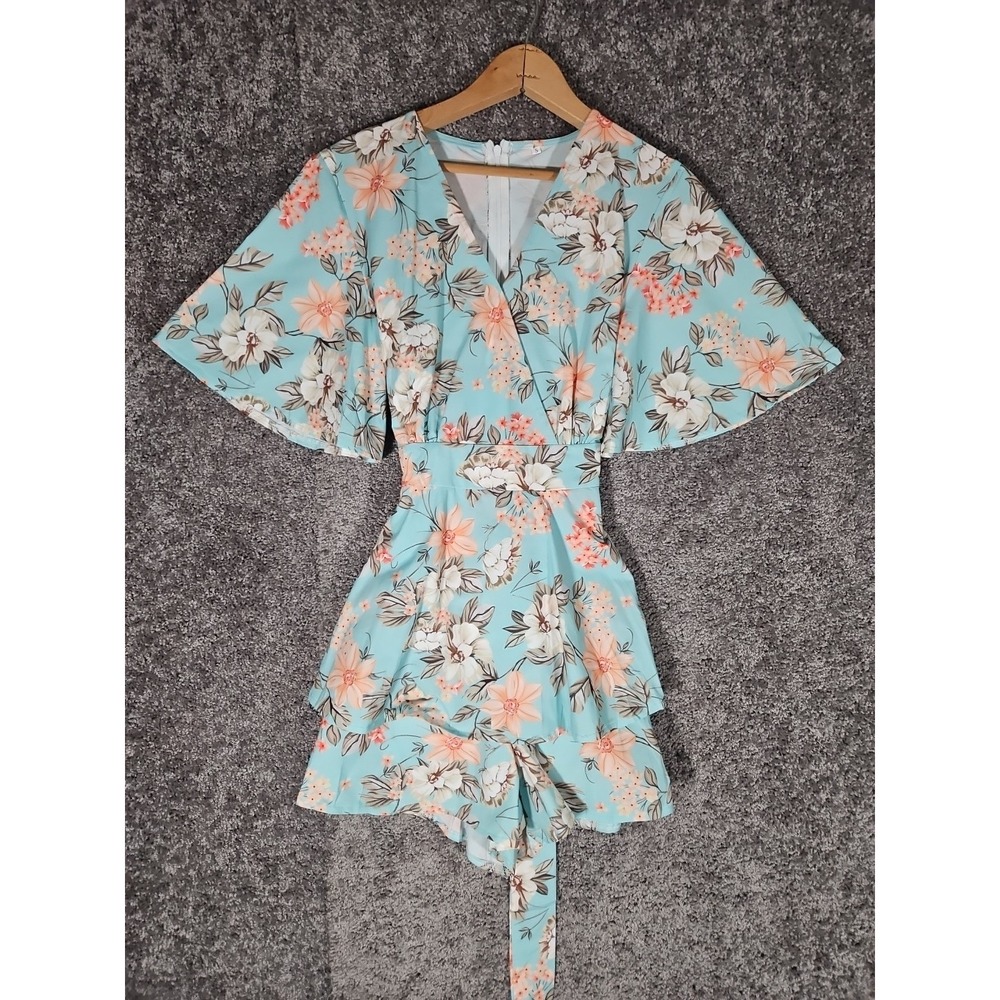 Women's Aimcoo Summer V Neck Floral Short Romper Dress Flare Sleeve Tie Waist. S